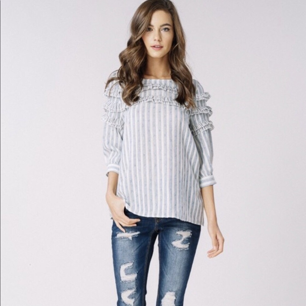 NWT Light Denim and White Stripe Ruffle Top